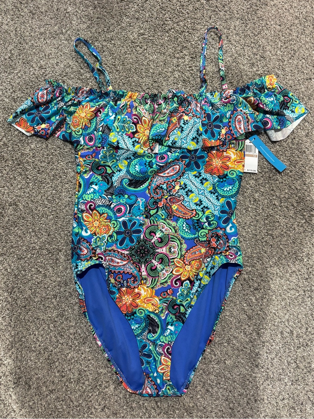 NWT Bleu Rod Beattie Girls' Teal Multicolor Paisley Off-Shoulder One-Piece